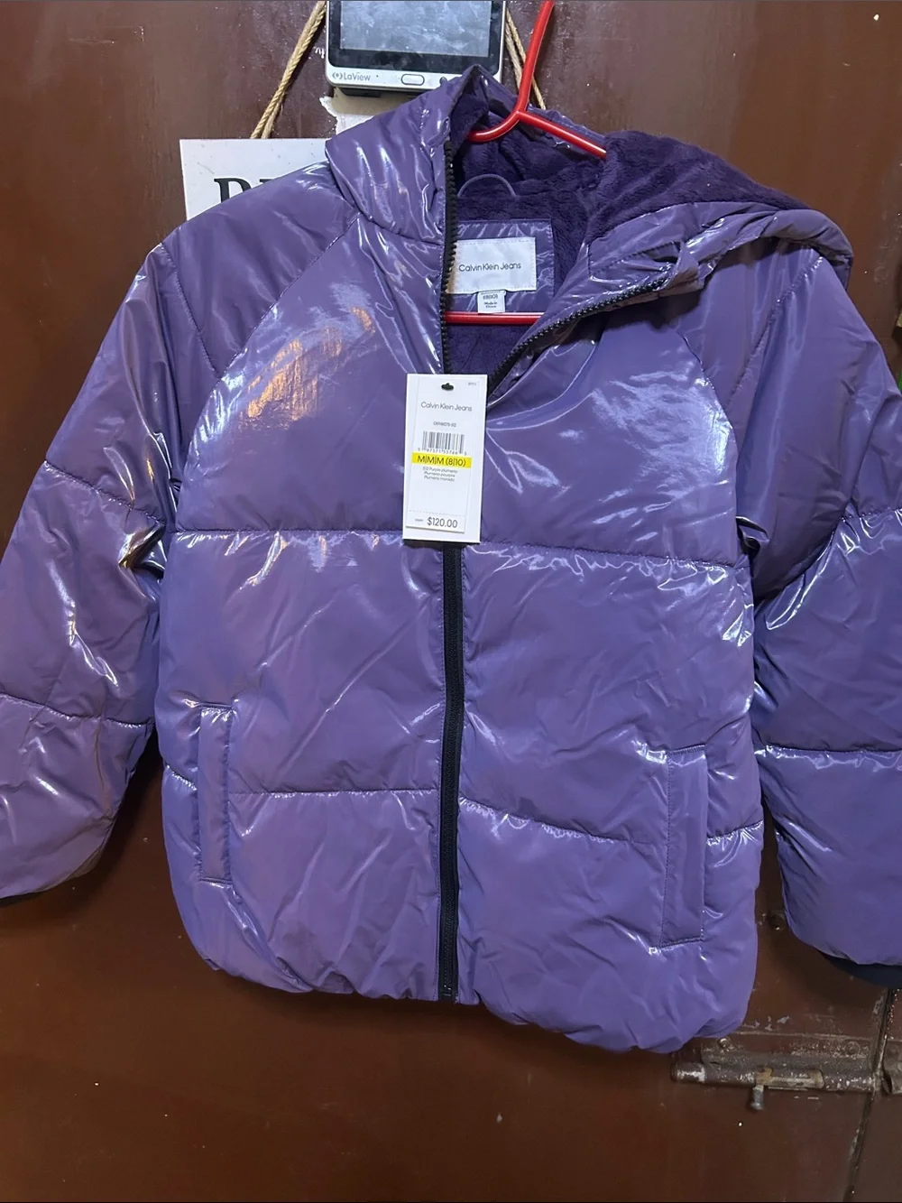 Calvin Klein Jeans Glossy Purple Kids Puffer Jacket with Hood